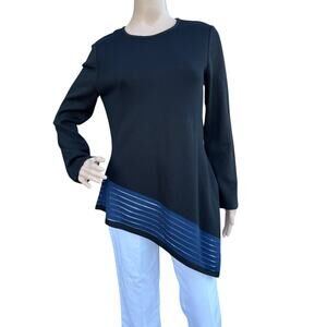St. John Tunic Sweater S Black Wool Asymmetrical Hem Blue Stripe Pre-Fall 2016
